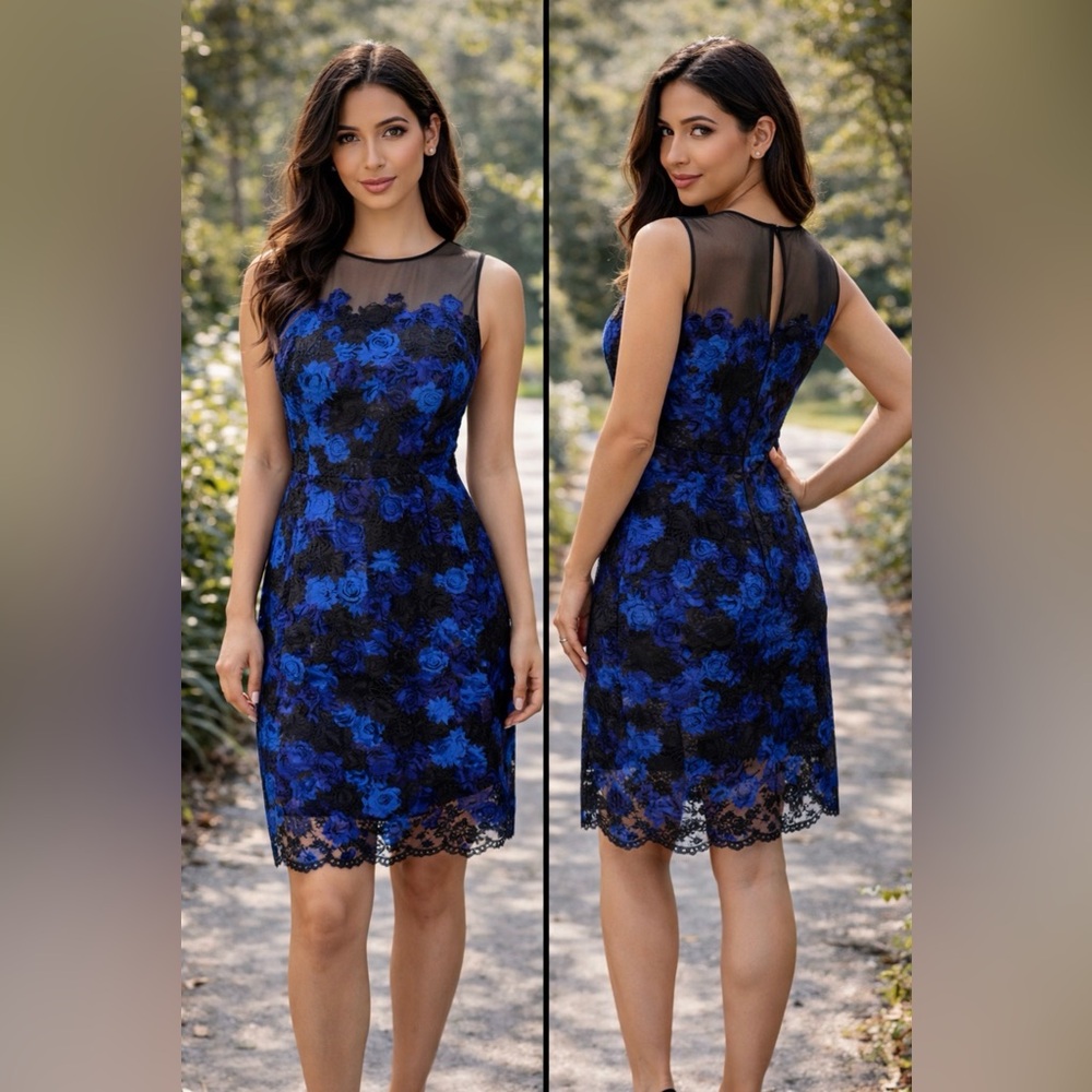Julia Jordan Midi Dress 4 Blue Black Stretch Embroidered Lace Wedding Party NEW